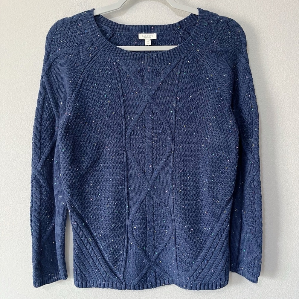 Talbots NWT Navy Blue Colorful Speckles Cable Knit Sweater Size Small Petite